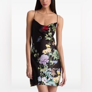 $395 ALICE + OLIVIA Harmony Mini Slip Dress - Black Size 6 flowers & butterflies